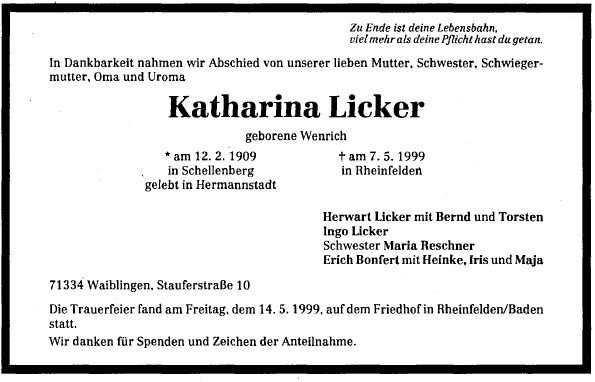 Wenrich Katharina 1909-1999 Todesanzeige